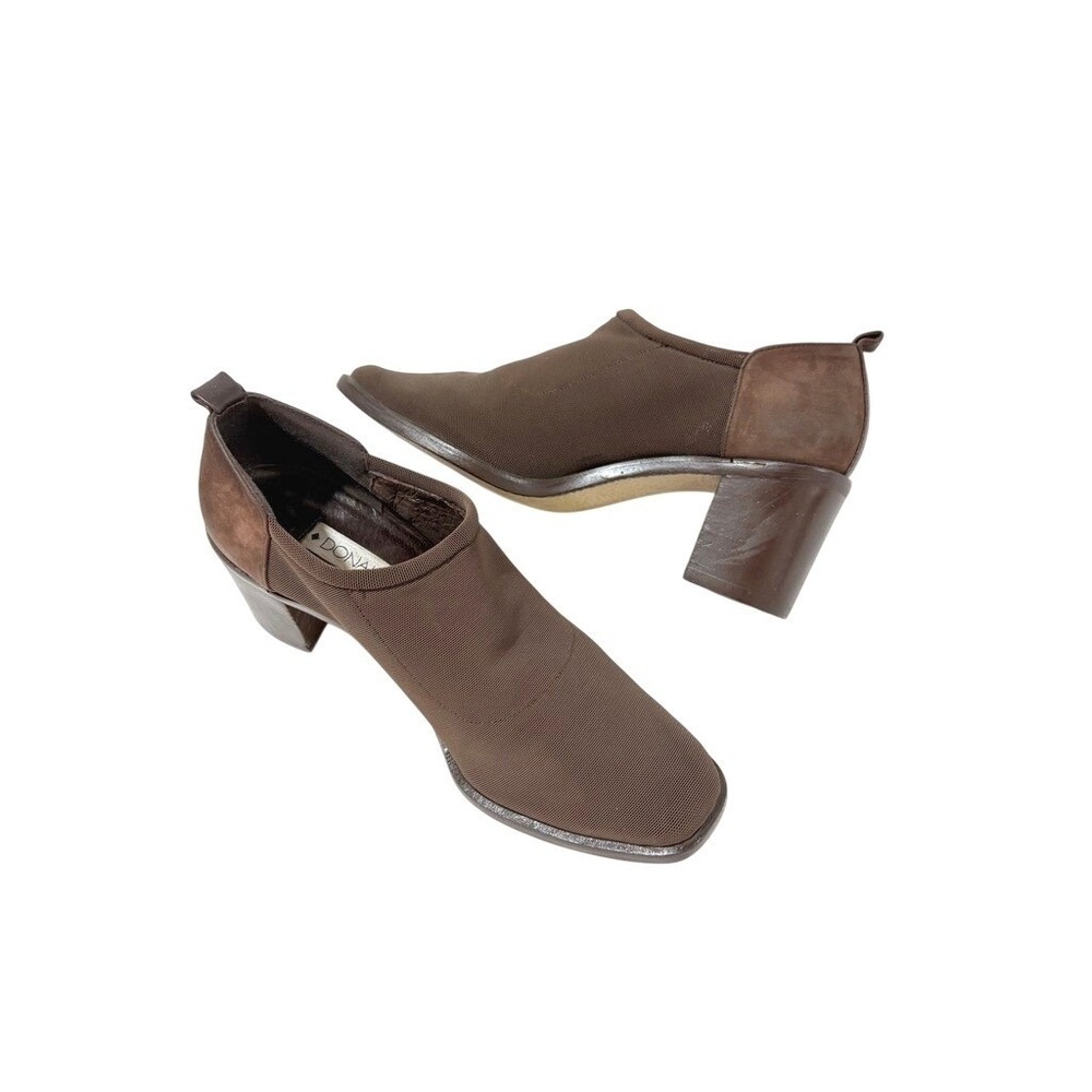 Donald J Pliner Brown Stretch Fabric Suede Block Heel Square Toe Booties 7M